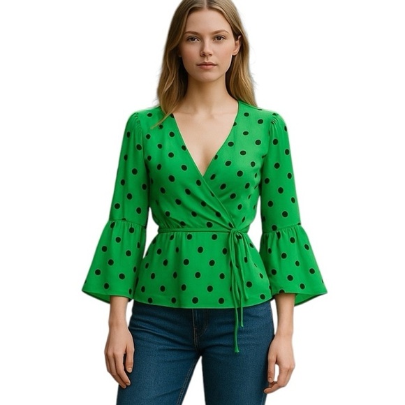 Ganni Dainty Georgette Green Polka Dot Bell Sleeve Wrap Top Women’s EU 36 - Picture 2 of 12